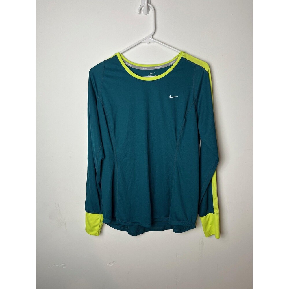 Nike Dri-FIT Running Shirt Womens XL Teal Yellow Long Sleeve Crewneck Thumbholes